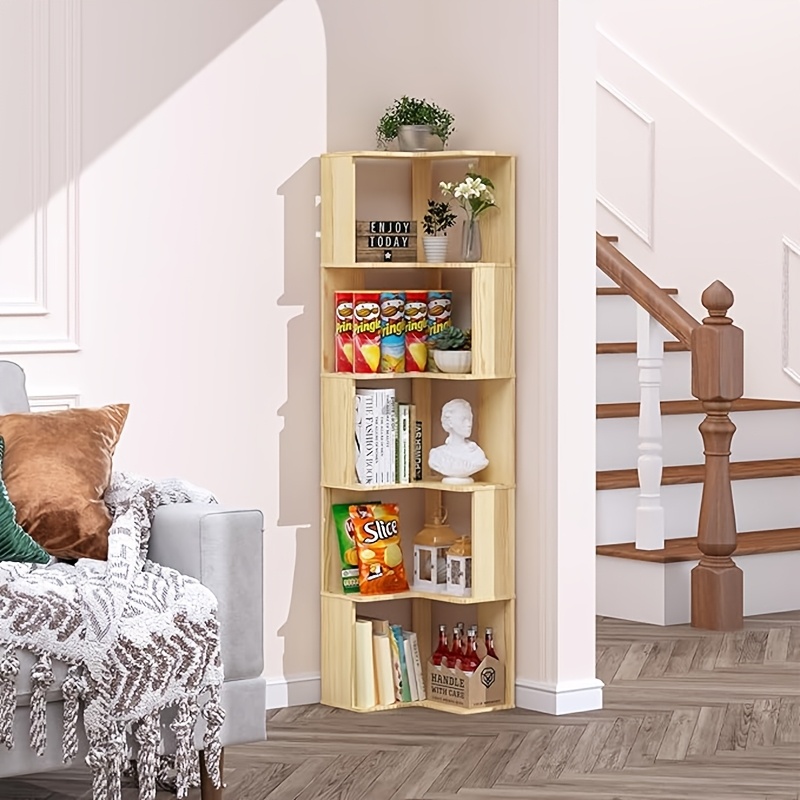 Full Solid Wood Corner Bookshelf, No Paint No Formaldehyde, Space-Saving Storage Shelf, 3/4/5 Tier Rustic Corner Bookcase, Stable Standing Bookcase for Bedroom Living Room Home Decor, Easy Assembly