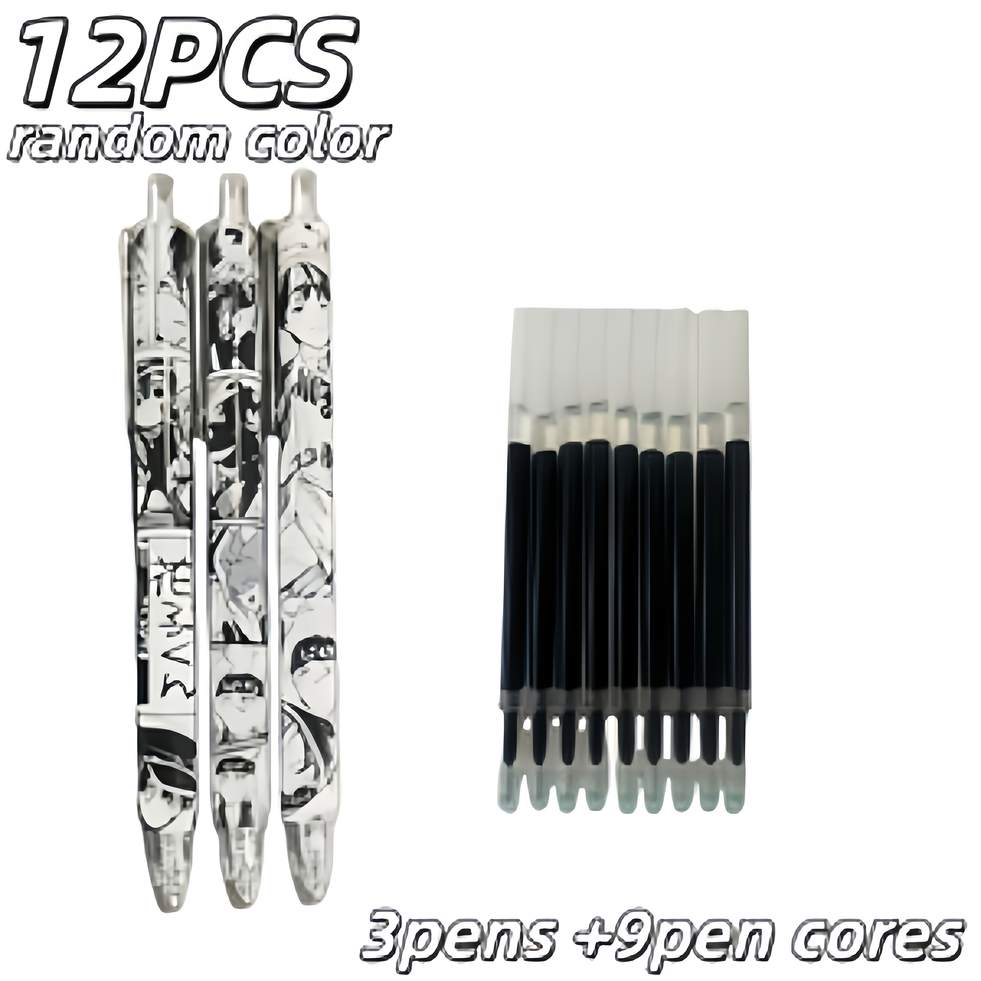 TEMU 12pcs Anime Pen Set (3pcs Pens And 9pcs Refills), Medium Point, Water-based Ink, Durable Plastic, Office And School Stationery (random Colors)