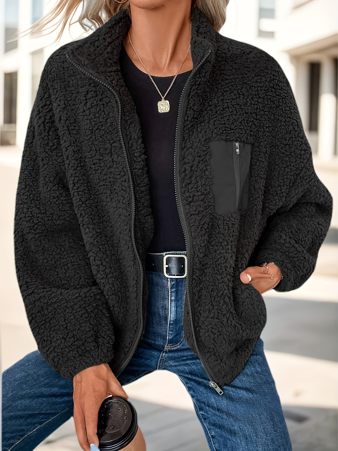 elegante olivgrüne teddyjacke damen schicke zip up jacke Temu