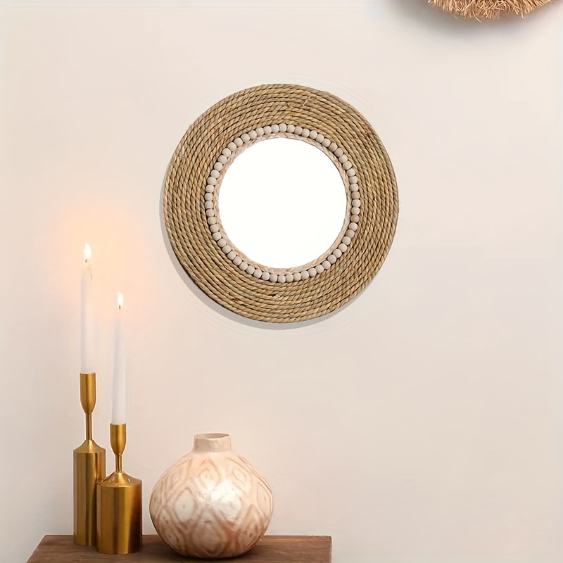 

Boho Chic Rattan Straw Mirror Frame Tapestry - Vintage Round Wall Hanging Decorative Mirror For Living Room, Bedroom, Office - Handcrafted No Feather Farmhouse Wall Ornament - 1pc General Fit Decor