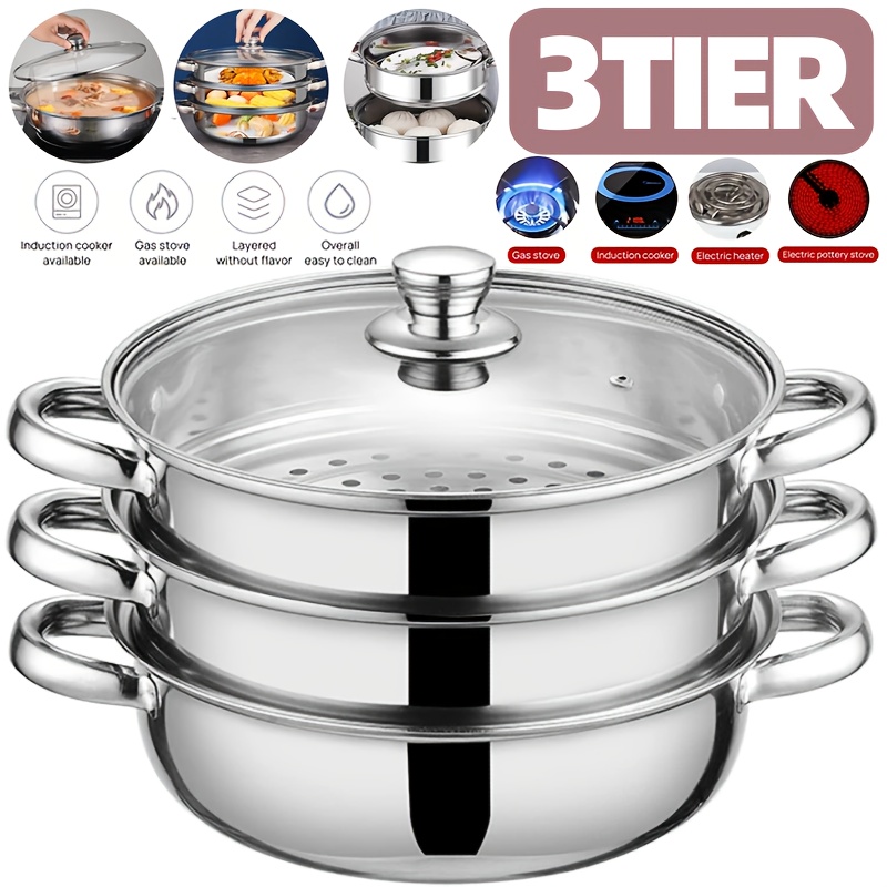 TEMU Kitchen Steamer, Cooking Pot, Stainless Steel Three-layer Multifunctional Steamer, Covered Kitchen Utensils, Suitable For Vegetables, Dumplings,