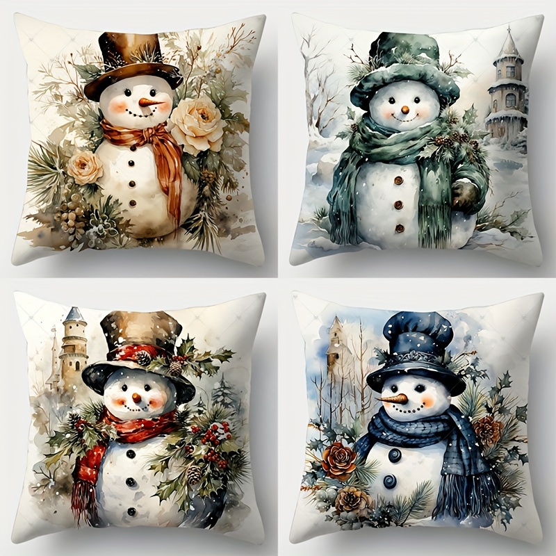 

Contemporary Christmas Snowman Throw Pillow Covers, Set Of 4, 17 X 17 Inch, Single-sided Print, Hand Wash Only, Zipper Closure, Polyester, Decorative Pillow Cases For Living Room - Without Insert