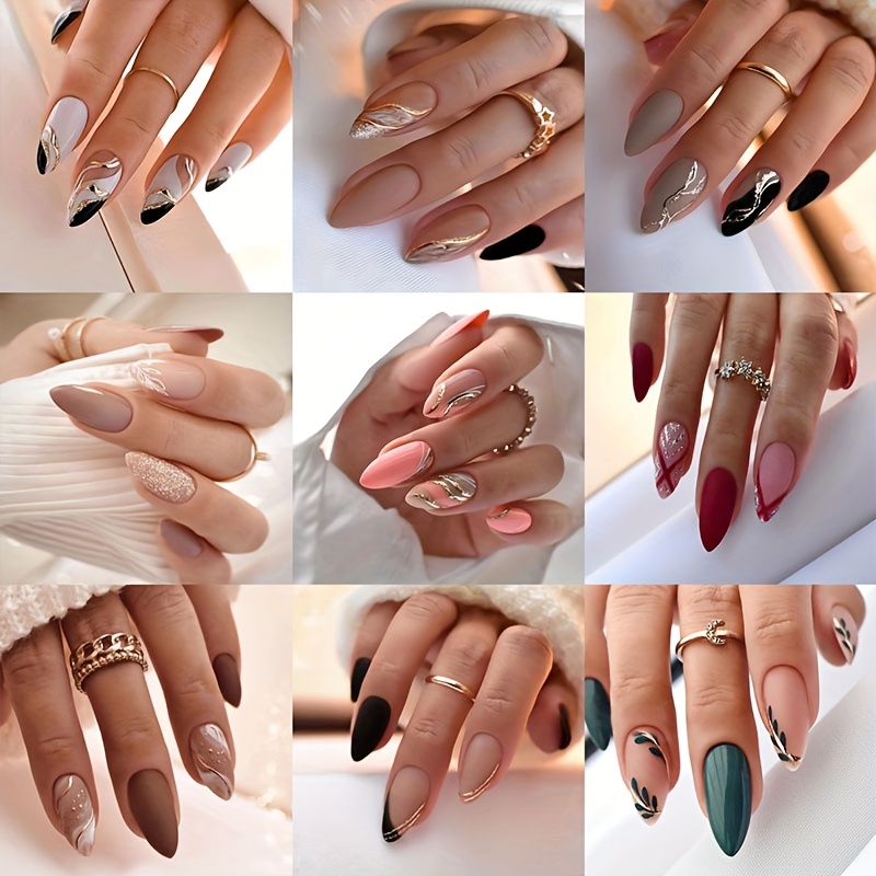 216pcs multicolor ombre press on   nail set for autumn   shape mixed color palette including brown lake   black white   duck and golden matte glossy   combo with ripple almond glitter metallic line