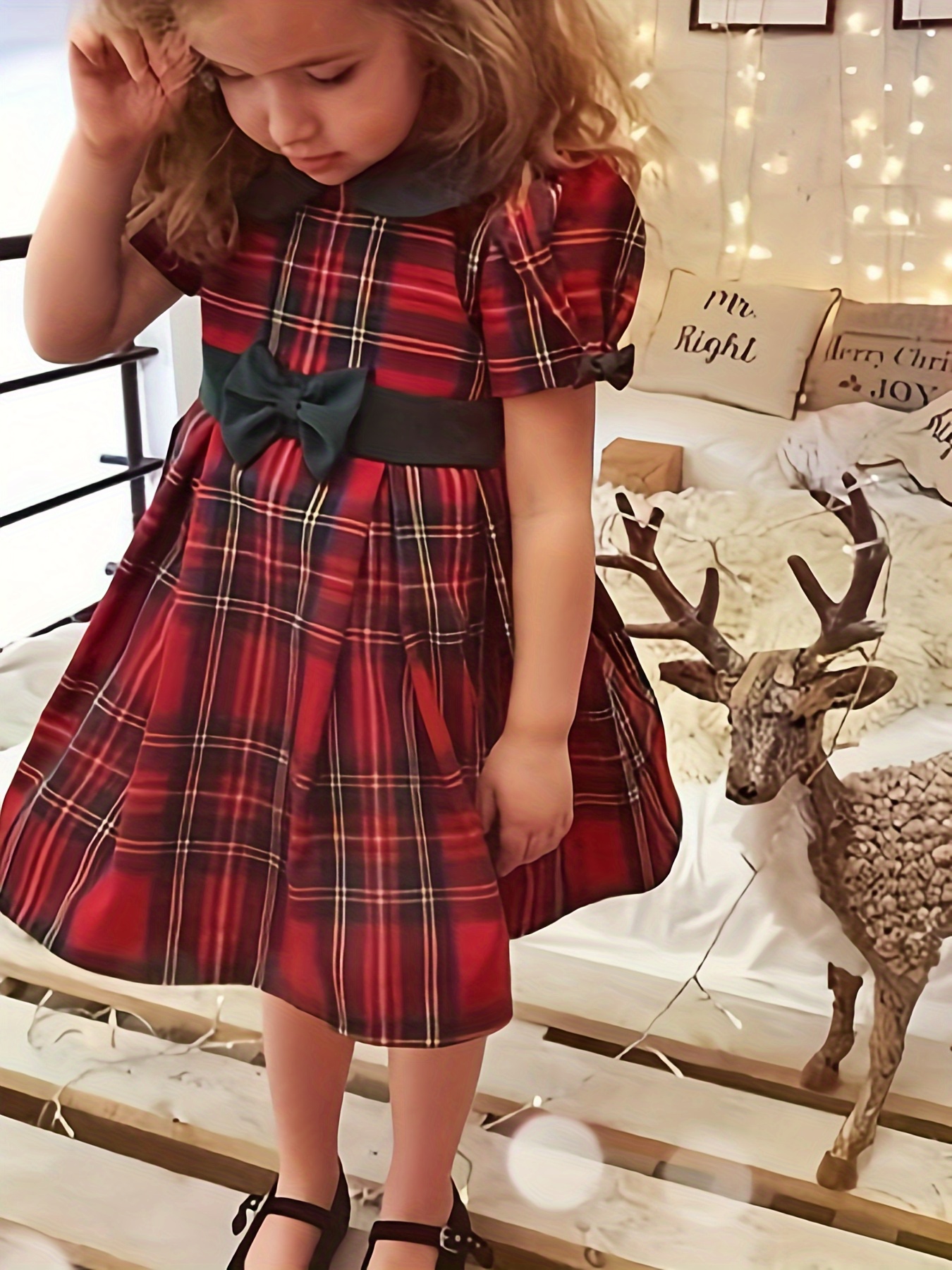 white christmas dresses Christmas Party Dress for Toddler Girl, Xmas Tartan Plaid, Winter Baby  Birthday Outfit main image 0