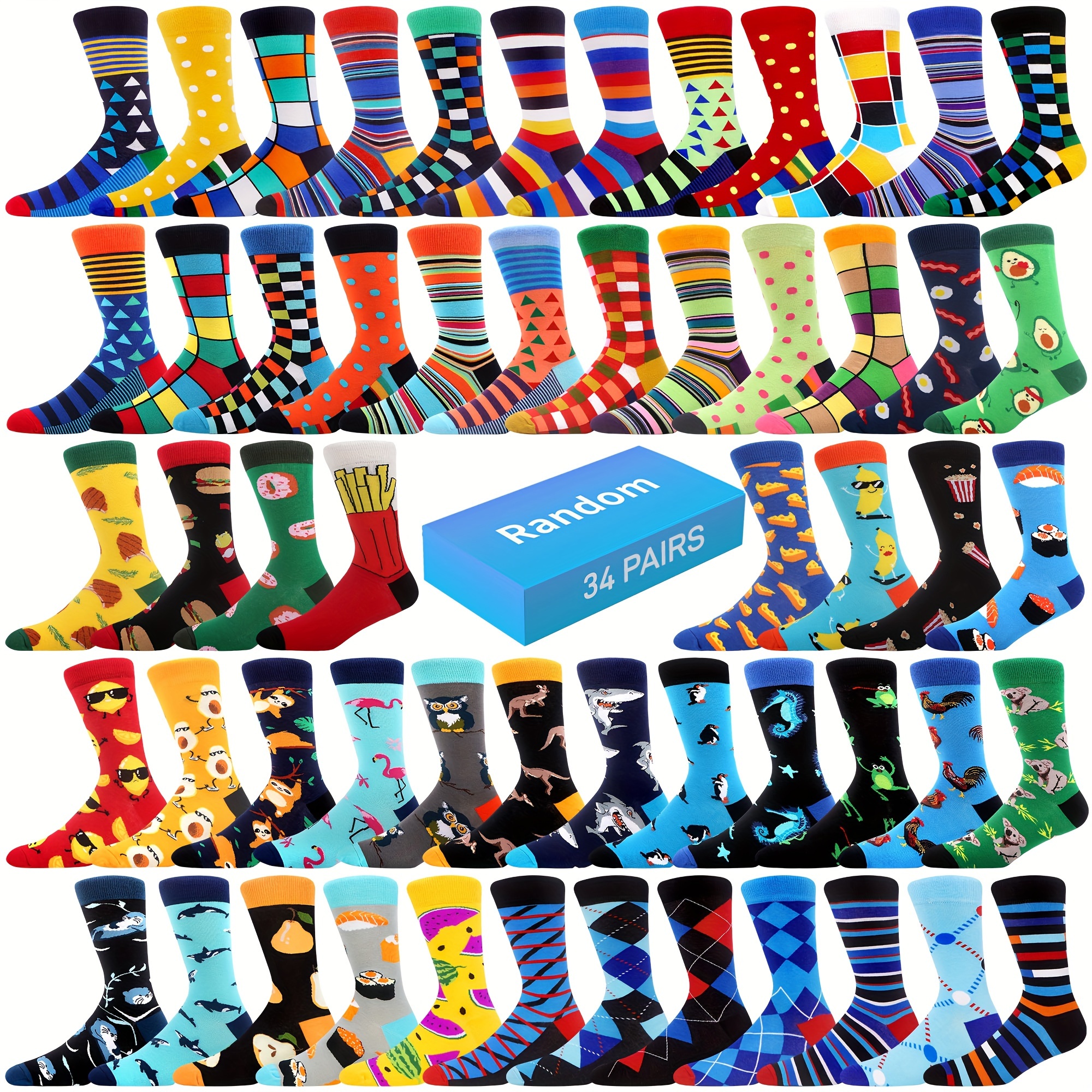 

34 Pairs Of Men's Mid-calf Socks Random Style Cotton Socks Funny Men's Socks (us 7.5-12)