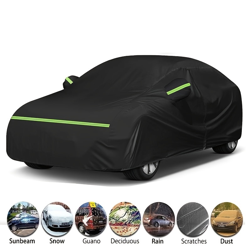 

1pc Black Peva Car Cover With Uv Protection, Waterproof, Snow & Dust , -resistant, Fit For Suv & Sedan, Sleek Black With Green Accents