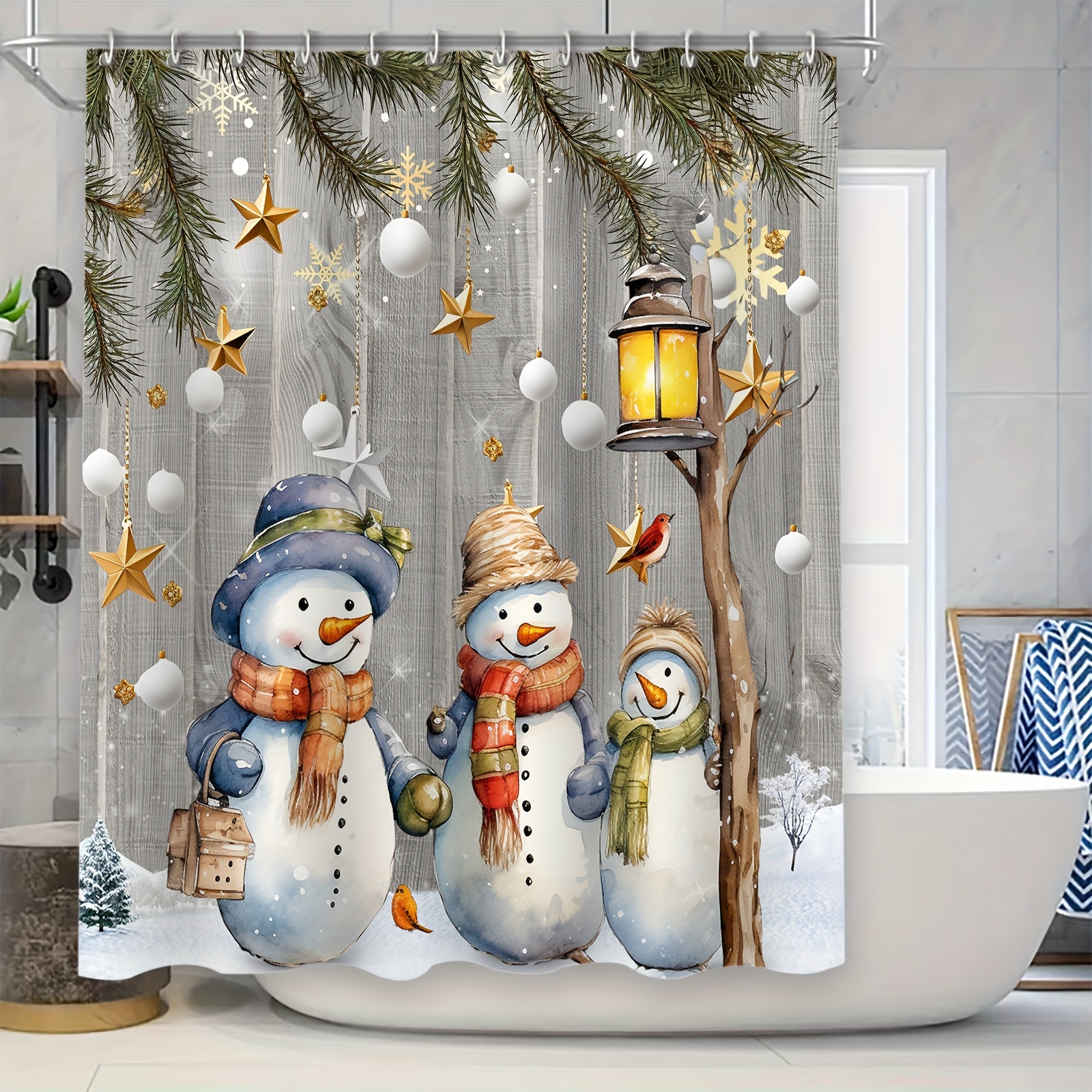 

Christmas Snowman Shower Curtain Set 12 - Polyester, , "x70.8" - Bathroom Decor, No-lining, All-