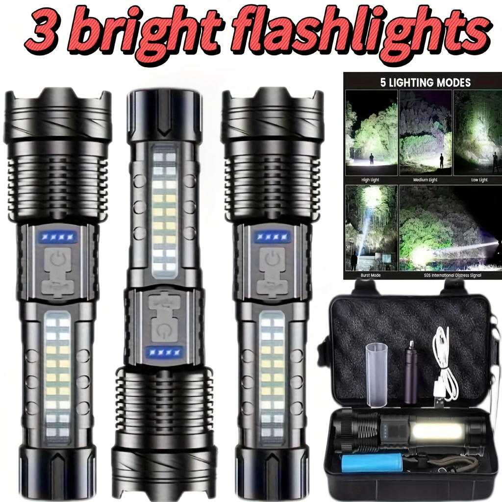 TEMU 1 Value Gift Box Set Including 3 Multifunctional Flashlights Rechargeable Led Flashlights Suitable For Camping Tactical Equipment Home