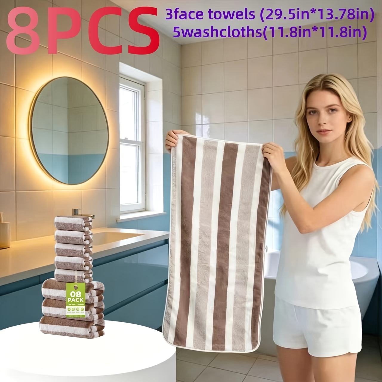 TEMU Set Of 8pcs Thick Striped High-absorbency Towels, And , Unisex, Suitable For Places