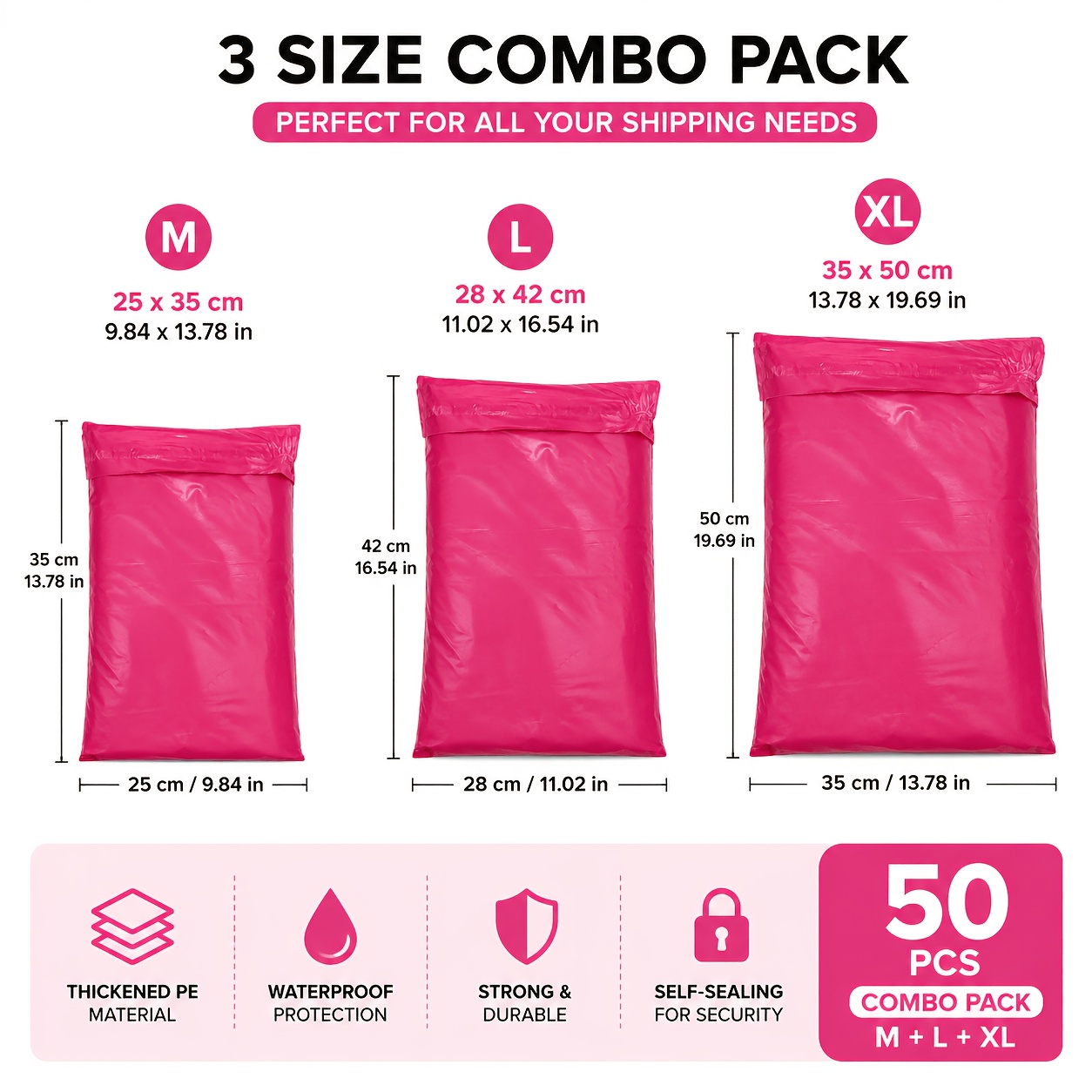 TEMU 50pcs Rose Red Pe Thickened Packaging Bags, Mixed Sizes Of 3 Sizes, Suitable For Apparel E-commerce Packaging, Clothing, Shoes, And Hats Bags
