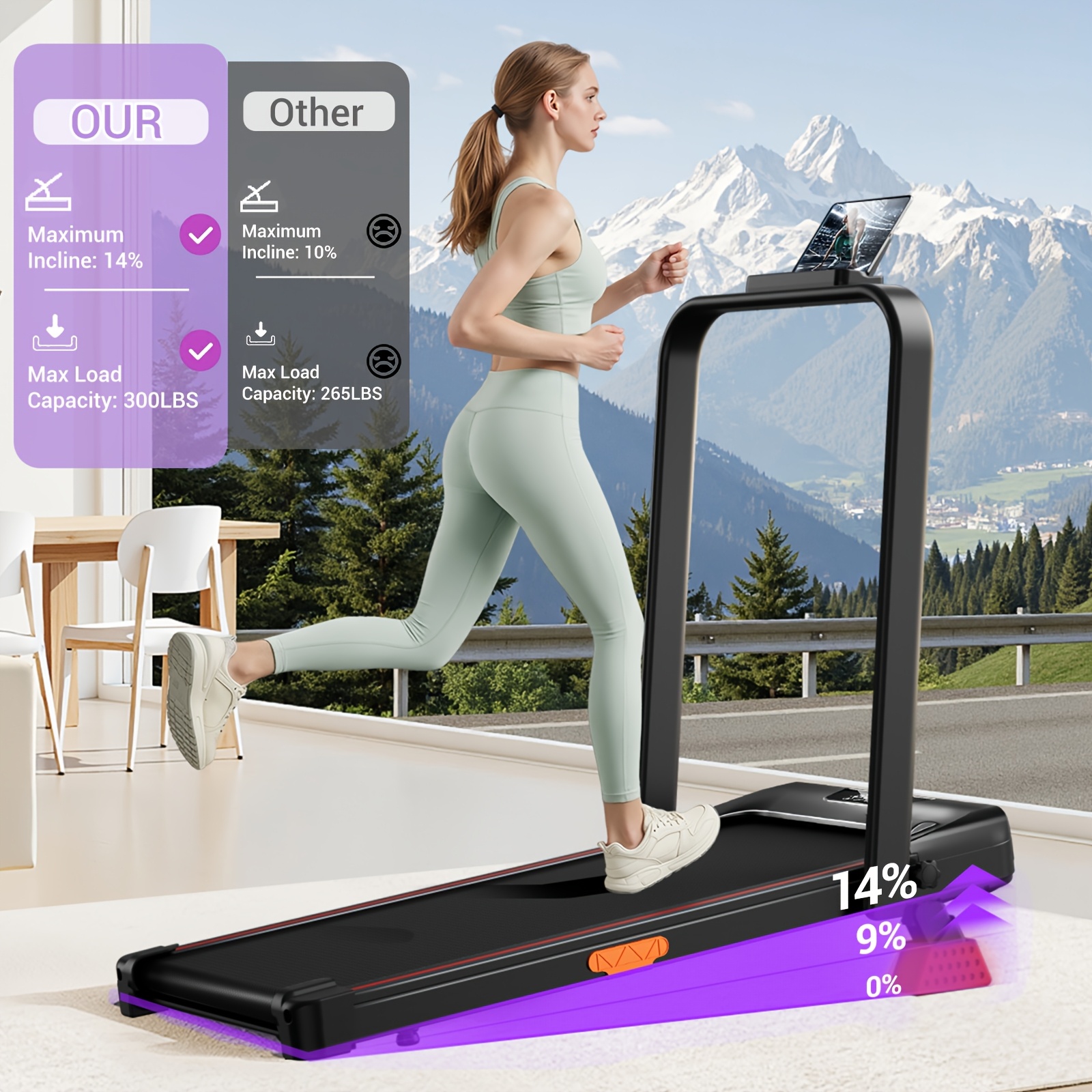 Folding Walking Pad with 14% Incline, 4-in-1 Under Desk Treadmill