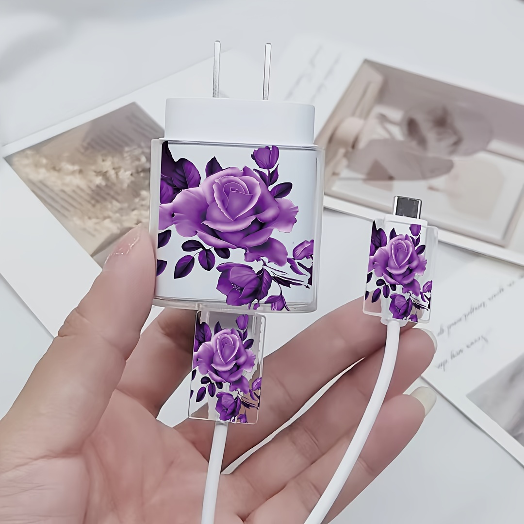 TEMU 3pcs Chic Purple Rose Pattern Transparent Charger Protector Set For For Galaxy 25w - Includes Cable & Cord Covers, Durable Tpu Material