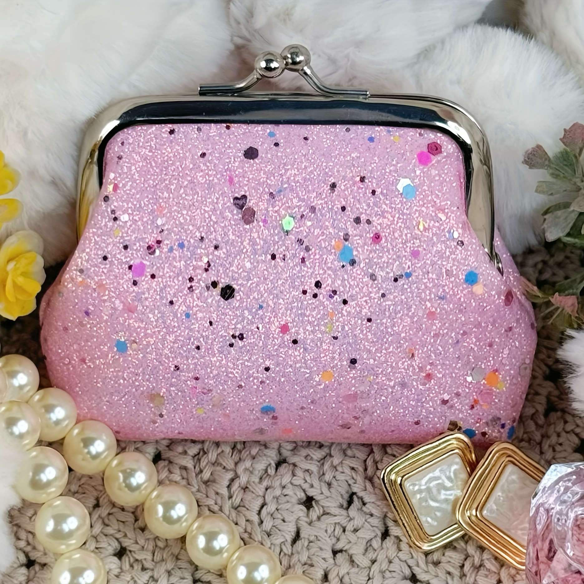 Chic Black Sequin Print Coin Pouch Lightweight, Washable Clutch Bag  with Snap Closure Lipstick Keys Festive Design f