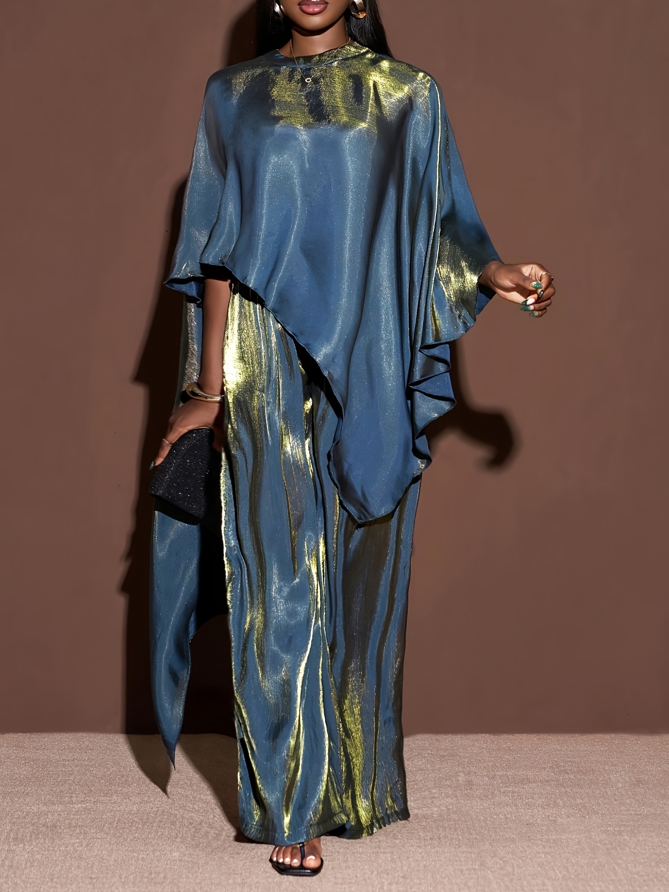 womens shiny fabric cape style top and loose long pants 2  set suitable for christmas new year outfit party womens elegant attire sparkling 2  set womens thanksgiving outfit formal dress