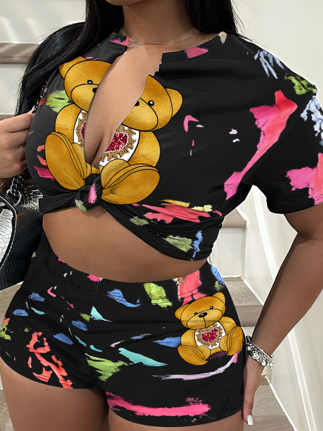 casual teddy bear print two pieces tied front short sleeve crop top high waist shorts outfits womens clothing details 3