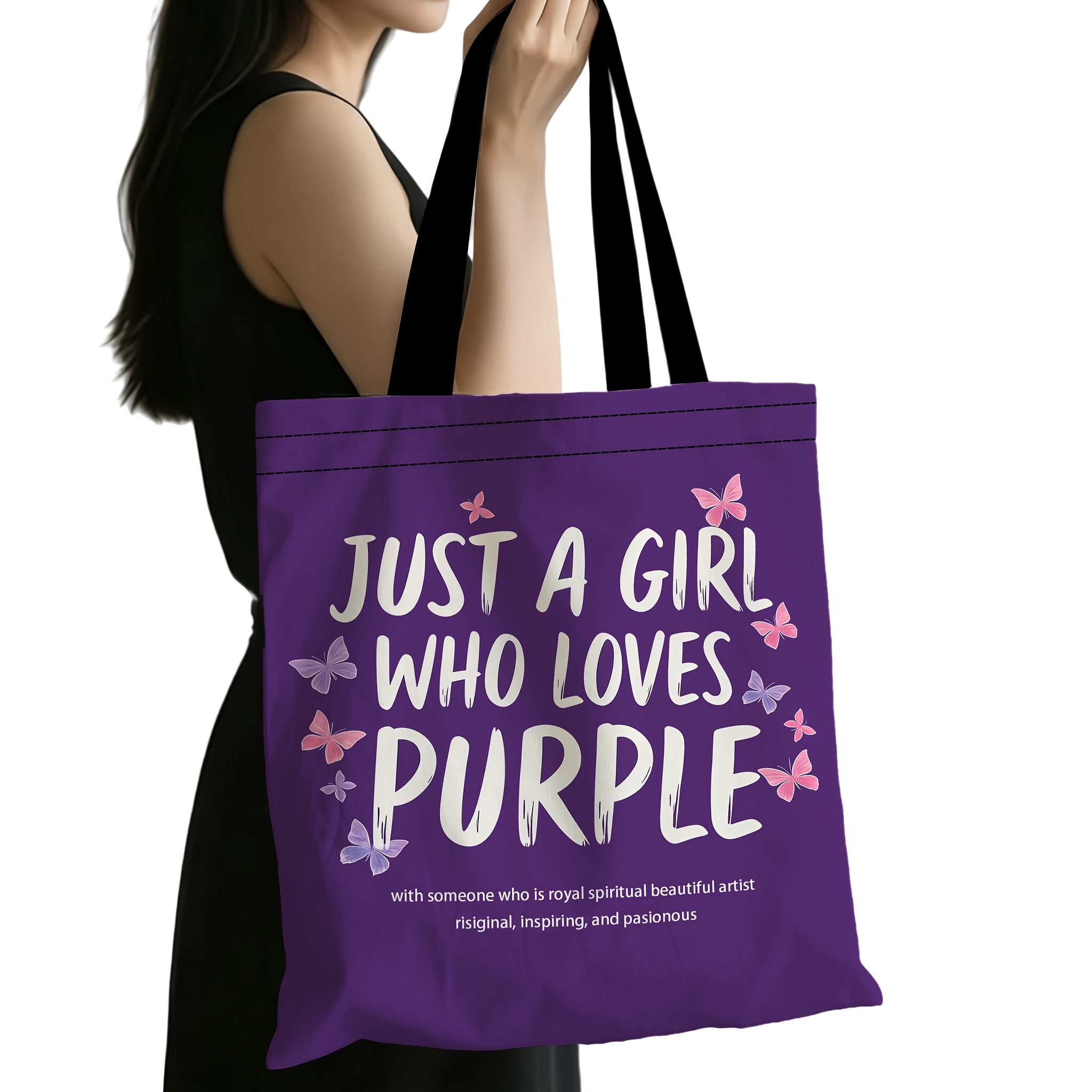 TEMU 1pc Purple Print Tote Bag Suitable For Shopping, Reusable Lightweight Shoulder Bag With "just A Who Purple" Quote, Women' Gift, Multipurpose Bag