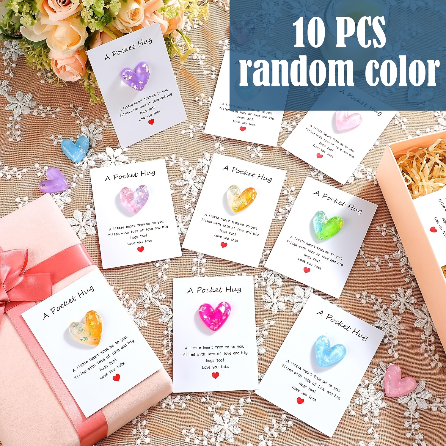 TEMU 10-pack Heart-shaped Resin Pocket Hug Cards With Encouragement Cards. Multicolor Love-themed Greeting Cards With Invitation Pockets. Unique