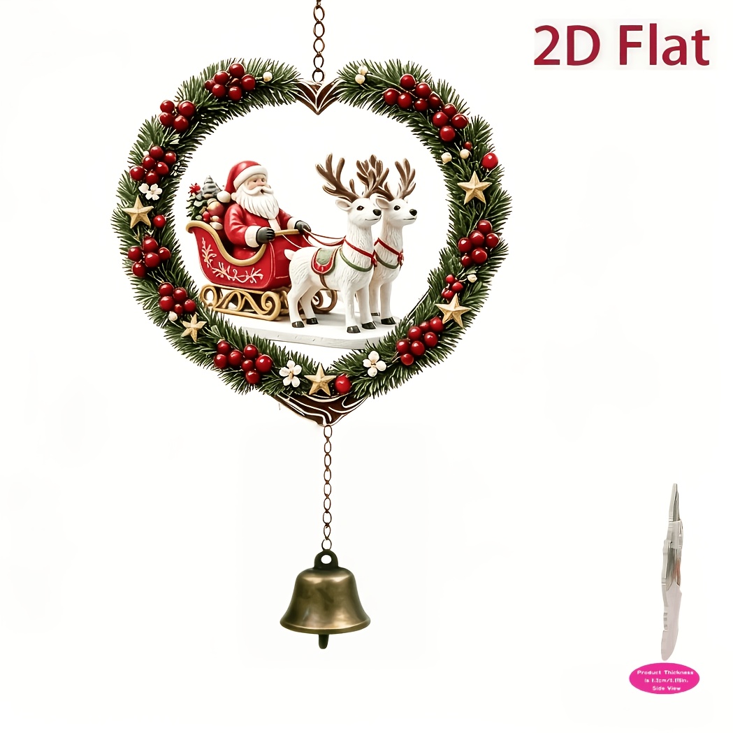 TEMU Guirlande de Noël de cœur avec aiguilles de pin et rouges, carillon métallique en cuivre avec cloche de Père Noël, double traîneau de de Père
