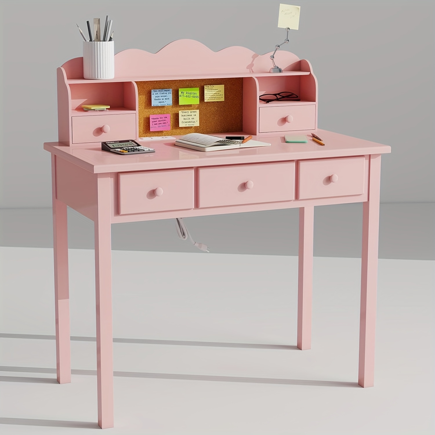 Modern 40-Inch Pink Writing Desk Featuring a Hutch And Five Drawers, Ideal for a for home Office Or As a Compact Vanity in The Bedroom