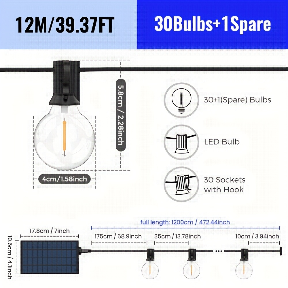 Solar Powered Outdoor Led String Lights With Remote, 8 Lighting , Dimmable & High Quality And Shatterproof Patio Lamp For Camping, Porch Decoration