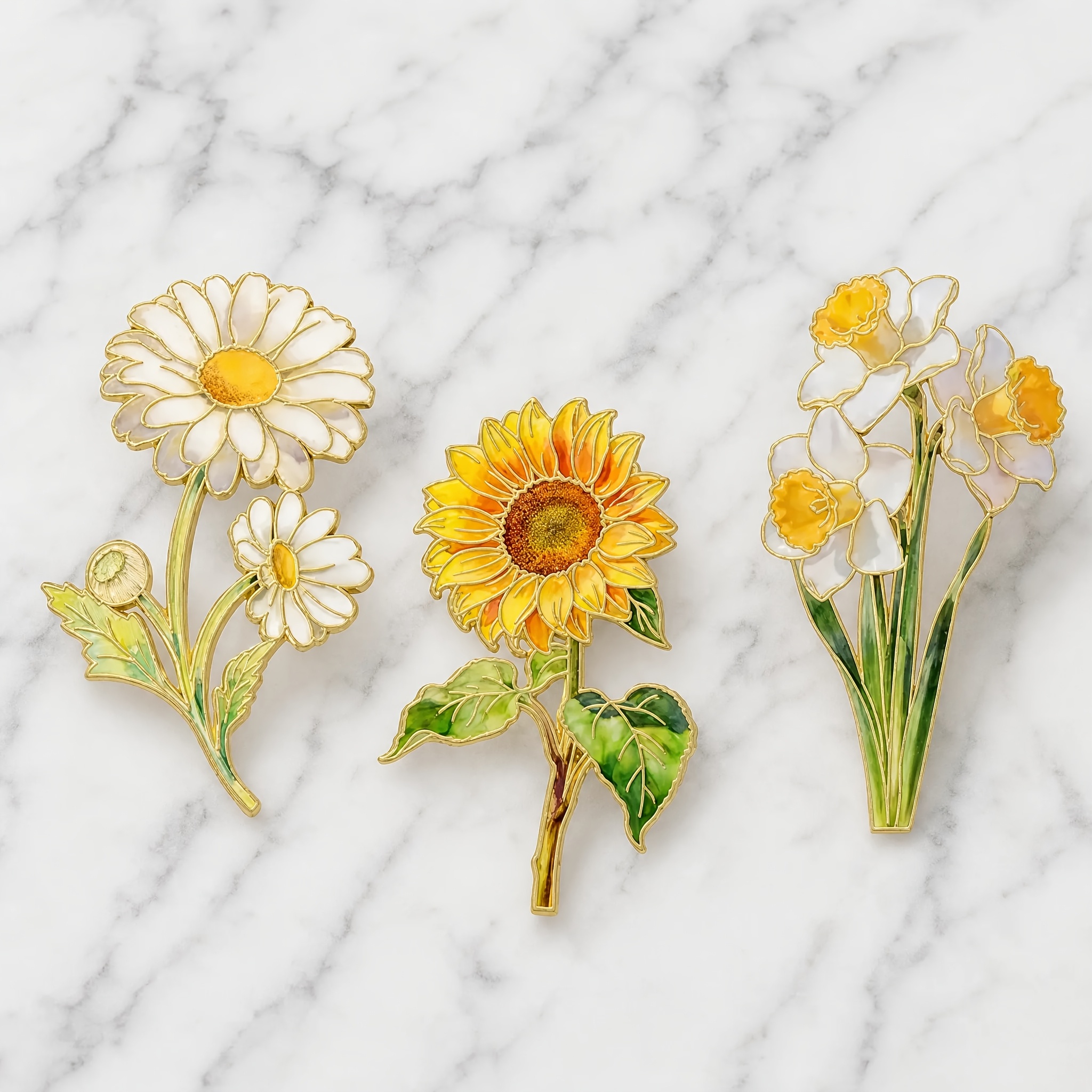 TEMU 3pcs Set Of Versatile Four-level Painted Sunflower Branch Badges - Daisy, Sunflower, Daffodil. Suitable For Long Coats, Gauze Skirts, Fabric