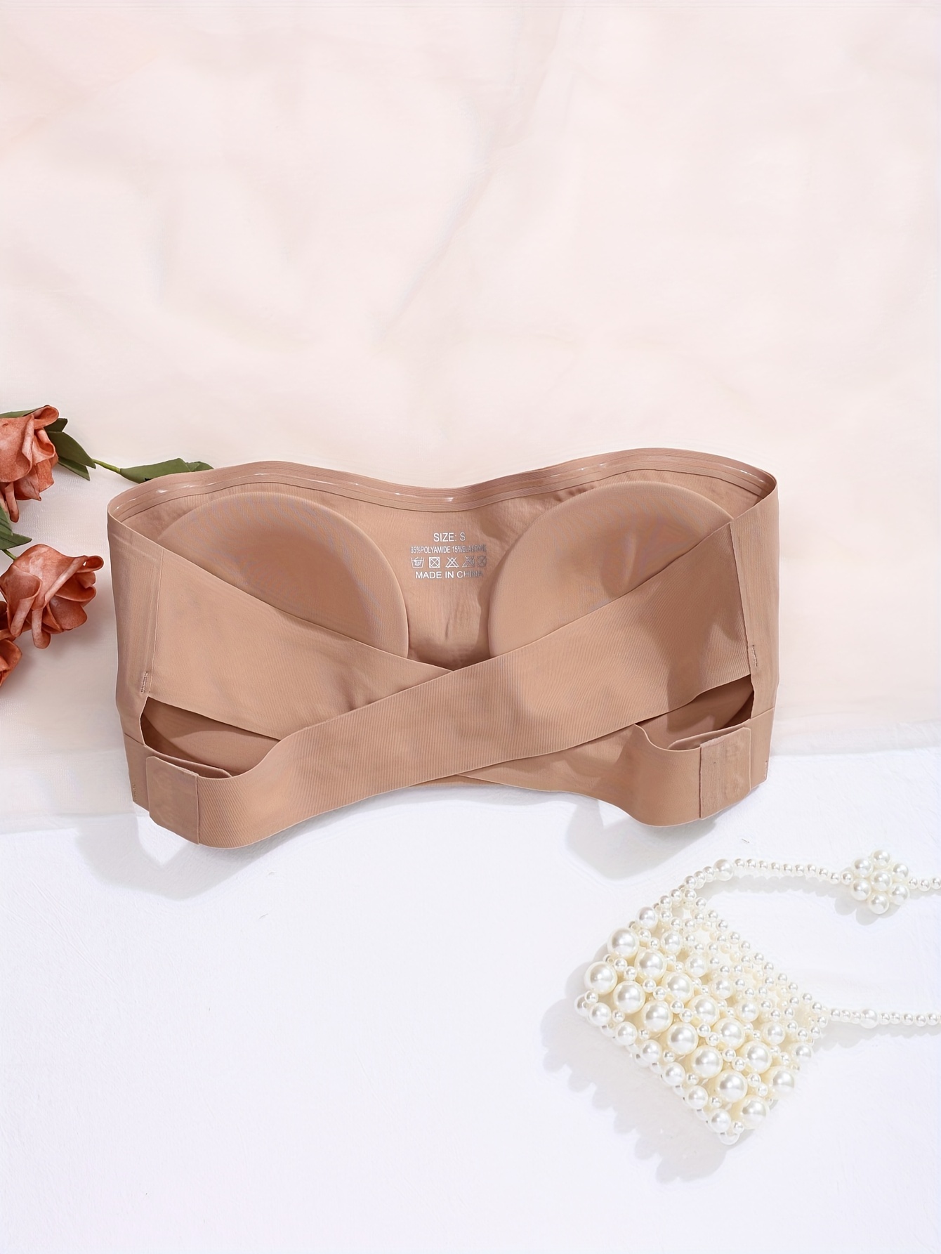 Women's Seamless Solid Color Strapless Bandeau Bra with Side Clasp - Casual Style, Knit Fabric, Polyamide Blend (85% Polyamide, 15% Elastane), Removable Padding, High Support Wireless Design for Adults