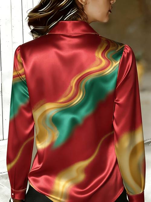 light luxury womens red green golden ombre satin blouse long sleeve button up collar professional top for party and casual wear
