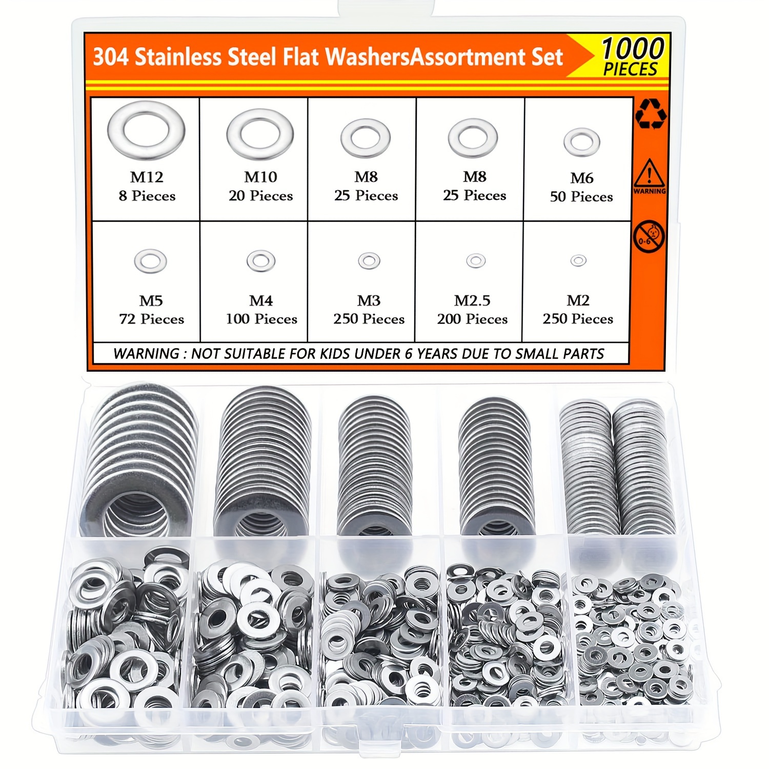 

1000pcs Stainless Steel Flat Washer Set - Assorted Sizes M2 To M12, Locking Metal Washers For Screws & Bolts