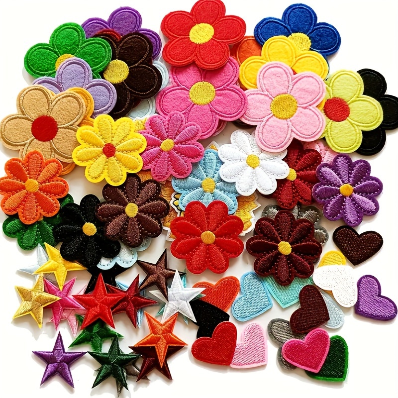 

49-piece Embroidered Iron-on Patches Set, Assorted Flower Heart Star Shapes, Fabric Appliques For Jackets Jeans Backpacks - Ideal For Customizing Clothing & Accessories