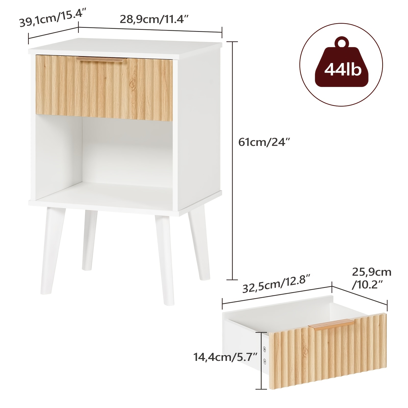 Modern Mid-century Bedside Table With Drawer & Open Shelf Storage - Multifunctional Nightstand Suitable For Living Room And Bedroom, White/natural , Compact Space- With Wood Top And Frame, Assembly