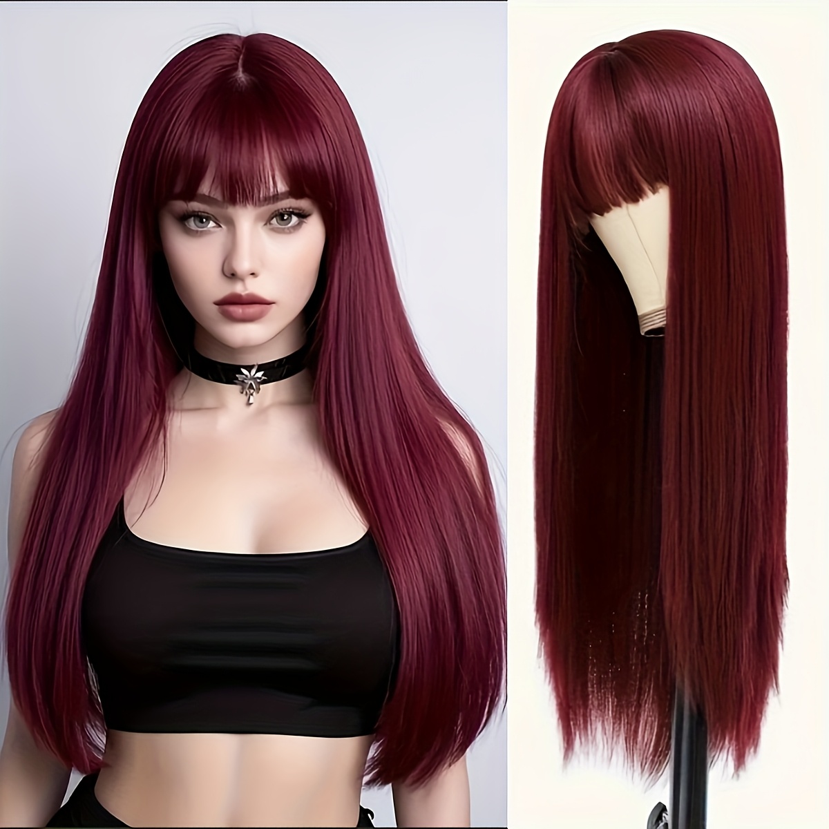 TEMU Elegante Peluca Sintética de 26 Pulgadas en Vino con Flequillo, Fibra Resistente al , Gorra de Malla Ajustable y Transpirable, Adecuada para