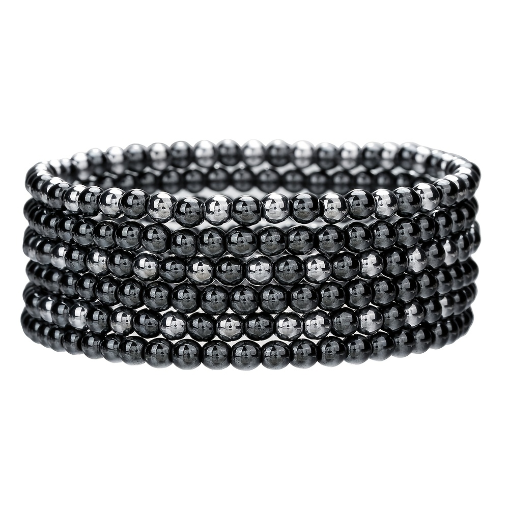 TEMU 6pcs Set Hematite Black Onyx Bracelet For Women, Fashionable And Simple 6-strand Beaded Black Onyx Stretch Bracelet