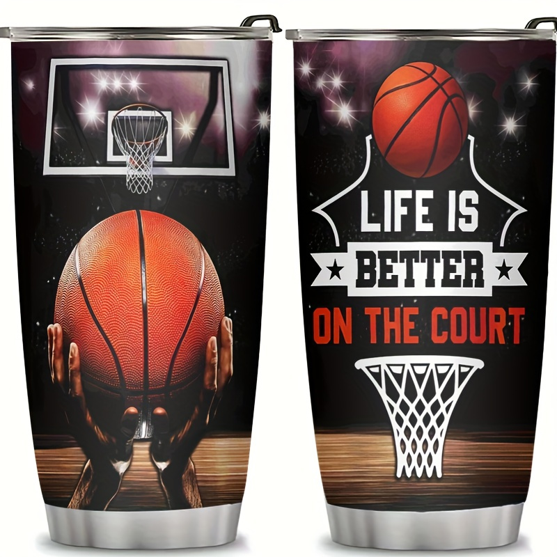 

20oz Stainless Steel Bottle With Straw - Double Wall Insulated, Slim Travel For Outdoor Activities & Parties - Basketball & Letter Design, Basketballs, Baskets, Hands