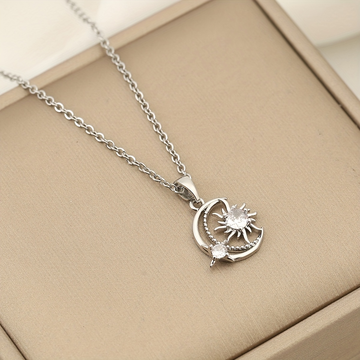 Image of 1pc, European & - Copper With Synthetic Zirconia Inlay - Exquisite Star And Moon Design Necklace For Men And Women, Perfect For Daily Wear, Parties, Weddings, As A Holiday Gift