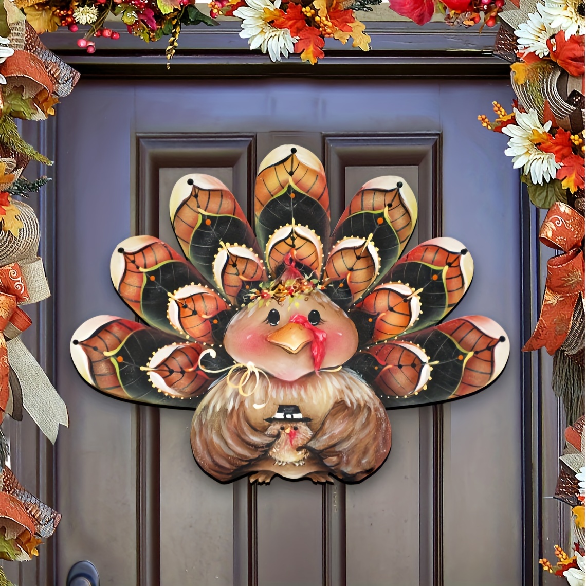 

1pc Turkey Wreath Door Hanger, Thanksgiving Wood Decor, Wooden Fall Wall Decoration Thanksgiving Turkey Door Hanger Decor Art