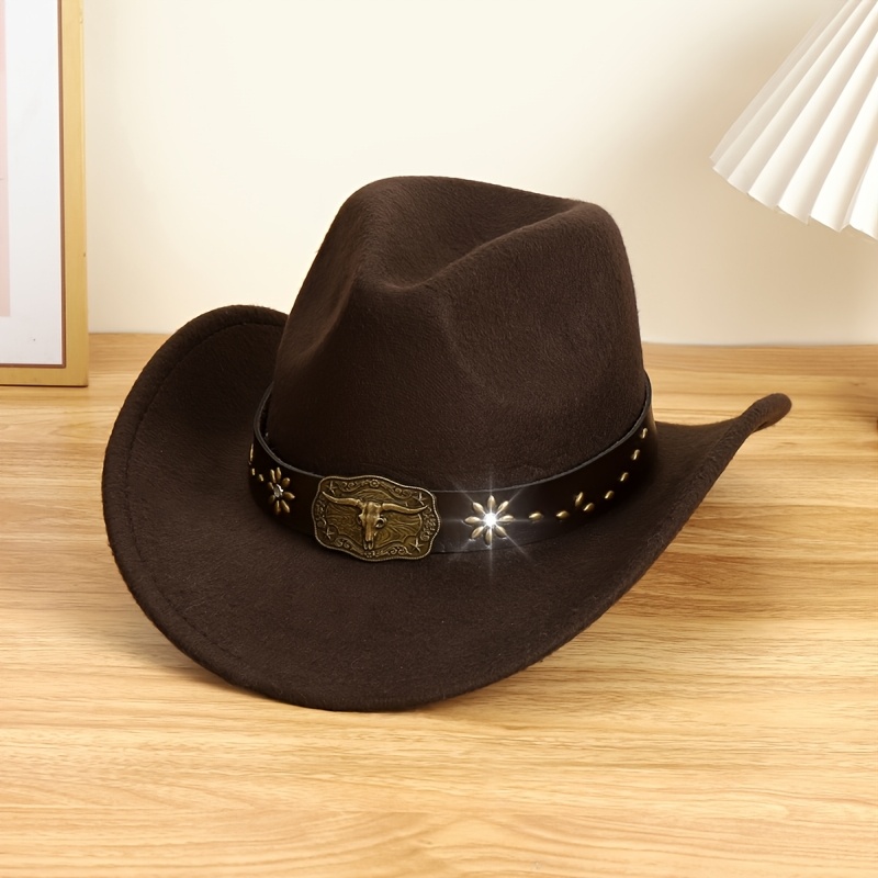 TEMU 1pc Unisex Metal Decor Casual Hat, Elegant Fashion Cowboy Hat, Suitable For Travel, Parties, Western Cowboy Theme Parties And Daily Use
