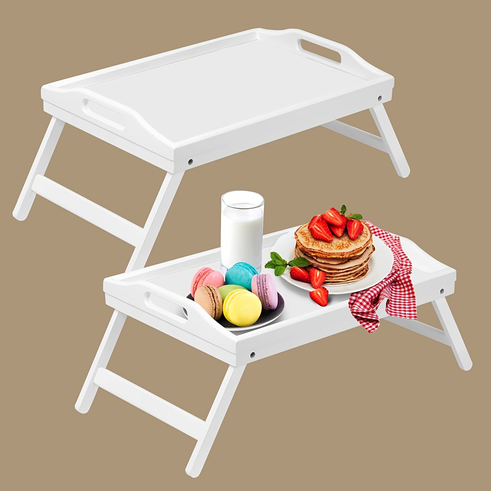 

2-pieces Bed Tray Table With Handles Folding Legs Bamboo Food Tray With Media Slot For Platters, Laptop Desk, Snack, Tv Tray Kitchen Serving Tray (white)