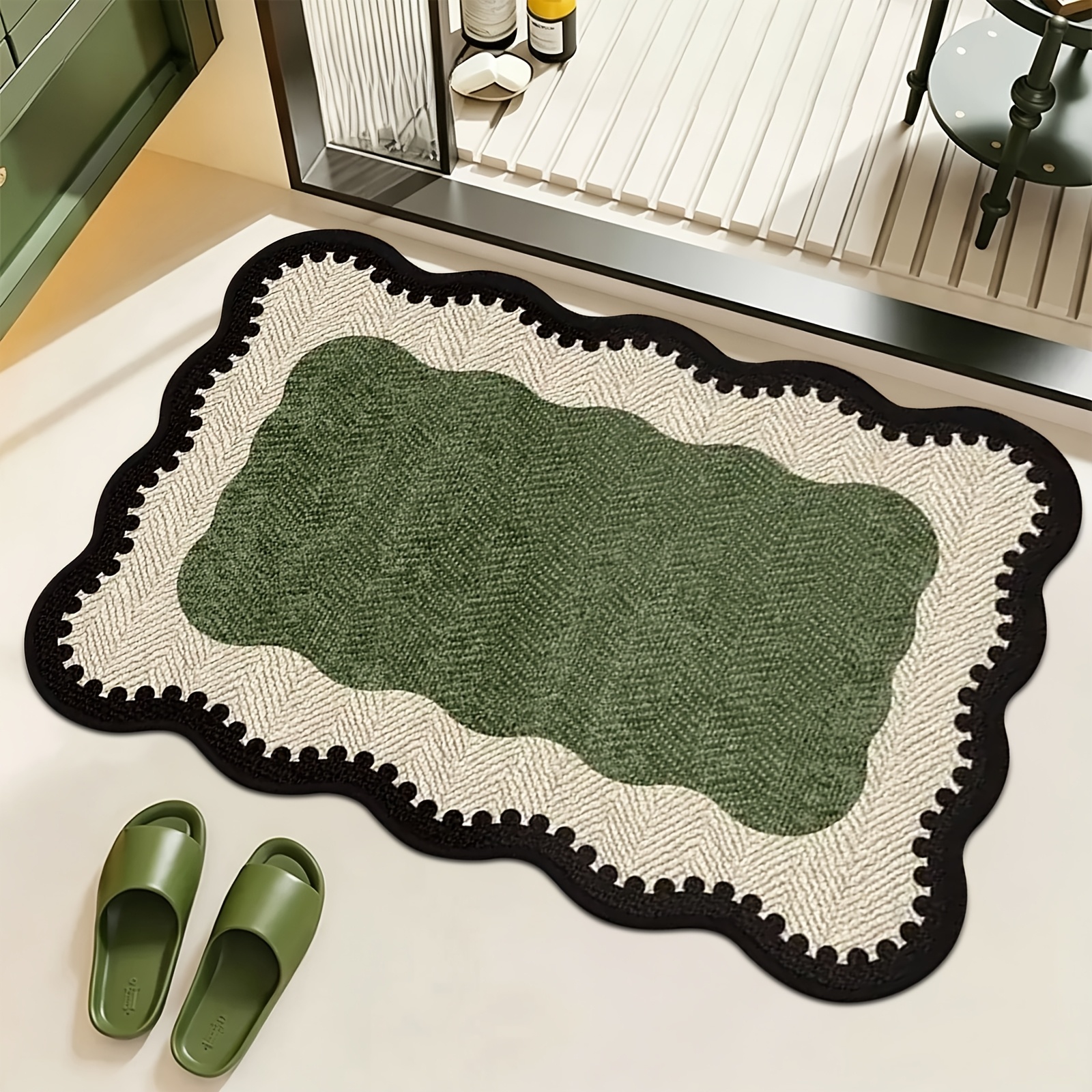 TEMU Olive Green Wavy Edge Irregular Bathroom Entrance Hall Door Mat Retro - Style Living Room Sofa Rug Luxury Bedroom Decor Bedside Mat Soft