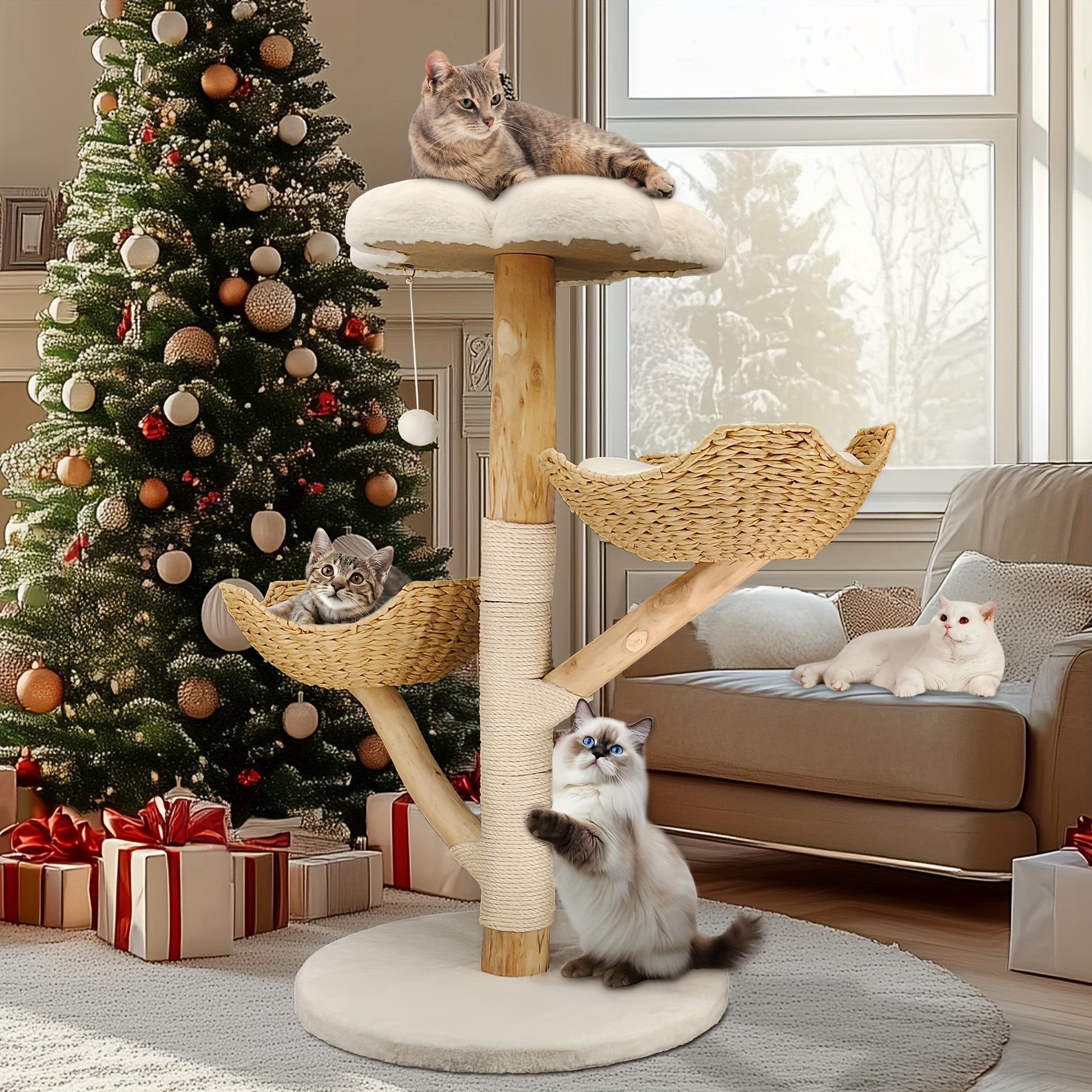Temu 60X110Cm Cat Tower, Multi-Story Soft Cat Condo Featuring 2 Scratching Posts, 2 Platforms, A Hammock, A Hideaway, Stable & Anti-Tip Design For-image