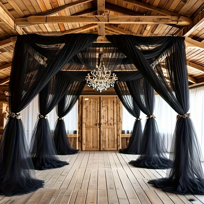 TEMU 2pcs 26.4ft Black Polyester Tulle Draping Fabric - Perfect For Wedding Arches, Birthday Parties & Stage Decor | Versatile Holiday Decoration For