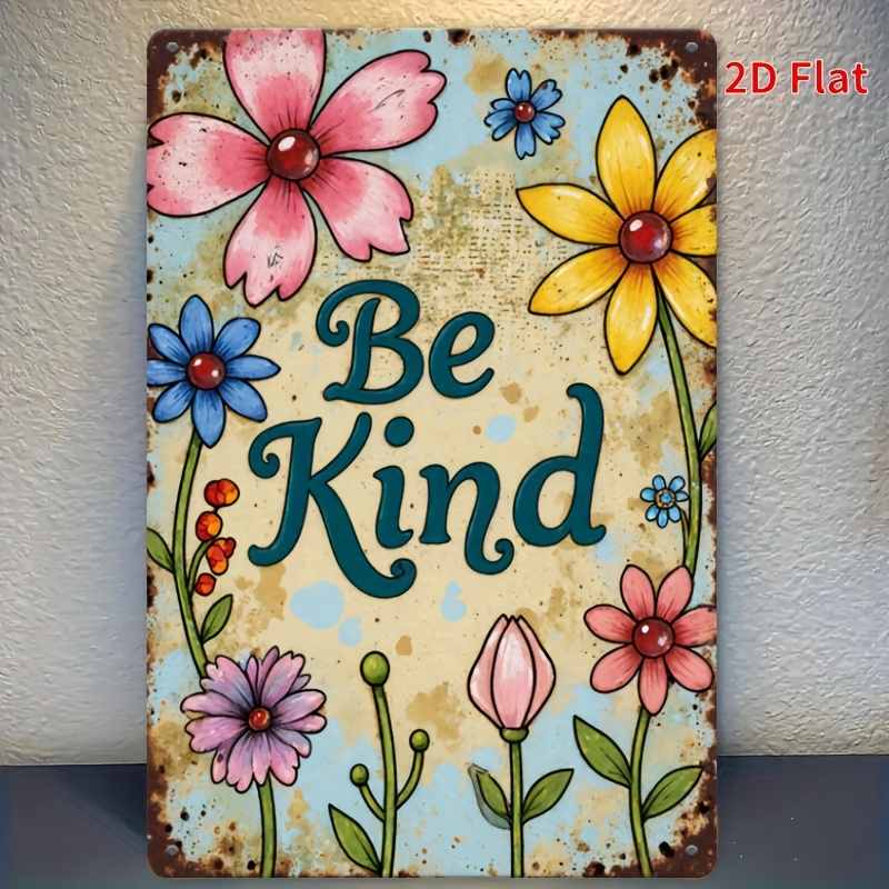 TEMU 2d Flat, [2d Flat] 1 Vintage Floral Metal Wall Art Sign - 8x12 Inch Rustic Farmhouse Decor With "be Kind" Lettering, Durable Iron Poster,