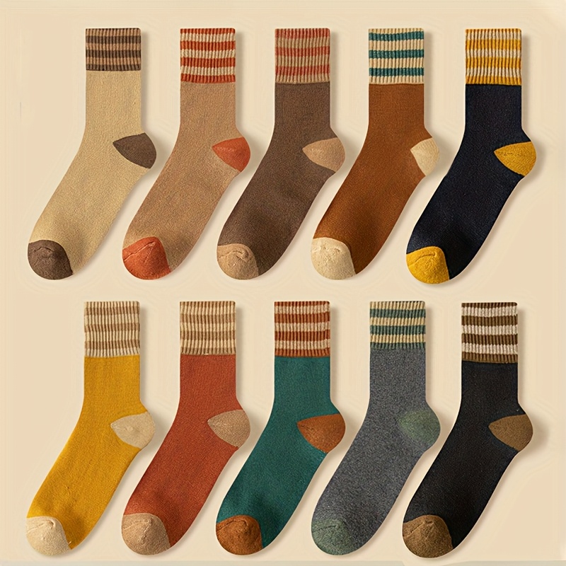 TEMU 20 Pairs Of Warm Colored Striped Looped Winter Mid-calf Socks, Thick Floor Socks, Vibrant And Comfortable Plush Socks For Outdoor Cold-weather