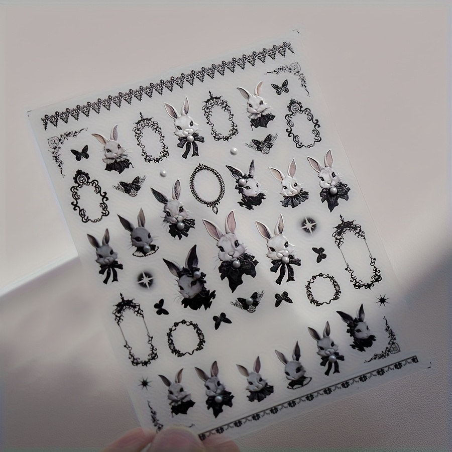 Image of 1pc Cute Rabbit And Bow Nail Art Stickers, Retro Rabbit Print Embossed Nail Decorations, Suitable For Women And ' Daily Nail Design