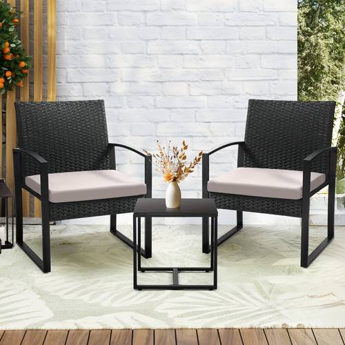 rattan 3pcs bistro set outdoor patio furniture conversation set with 2 chairs and 1 safety glass cushions wicker porch set ideal for backyard