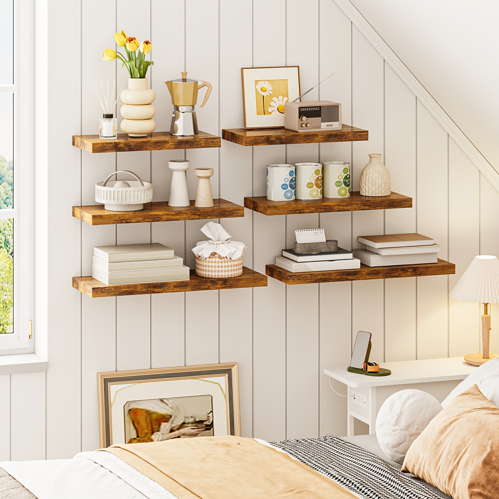 TEMU Tomnk 6pcs Floating Shelves, 11.8"/15.7"/ 19.7" Wood Hanging Shelf For Wall, Hanging Book Shelf For Wall Home Decor, Heavy Duty, Mounted Shelves