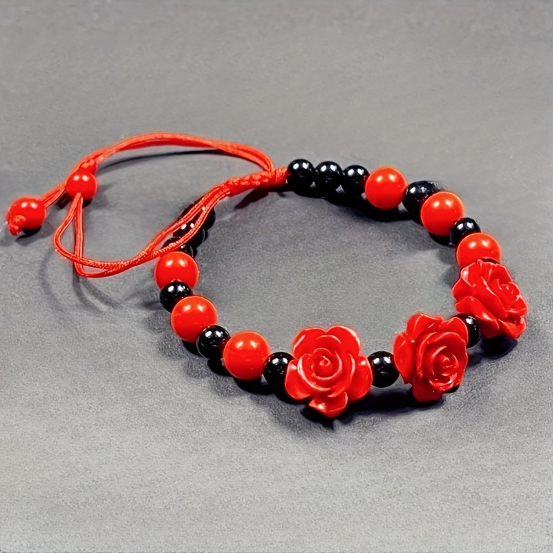 Adjustable Beaded Bracelet with Red Rose Charm & Red Beads