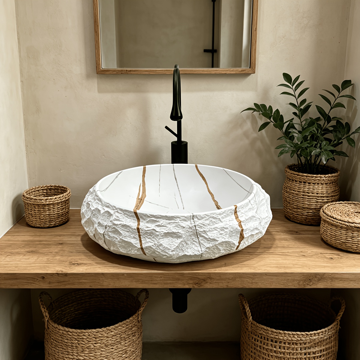 1pc Lauren Platinum Stone Textured Artificial Stone Washbasin, Sink, Art Basin, Decorative Basin, Single Basin, with Drain And Anti-Odor Drain Pipe, Easy to Install on The Countertop, Suitable for Home, Hotel, Balcony, Outdoor Use