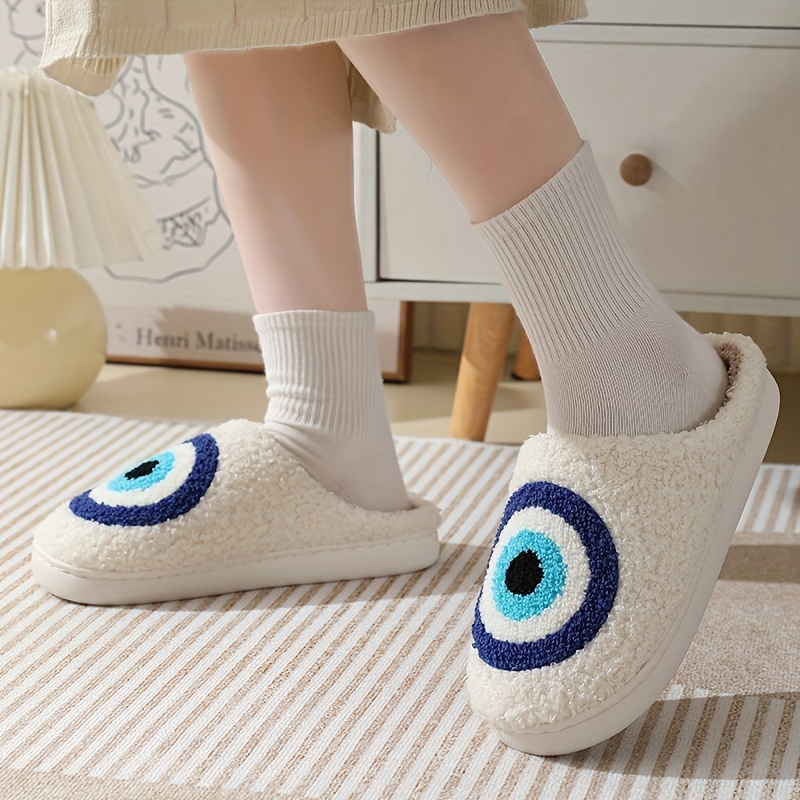 

Demon Eye Print Home Warm Slippers, Soft Sole Platform Slip On Fuzzy Backless Shoes, Indoor Non-slip Plush Mute Shoes