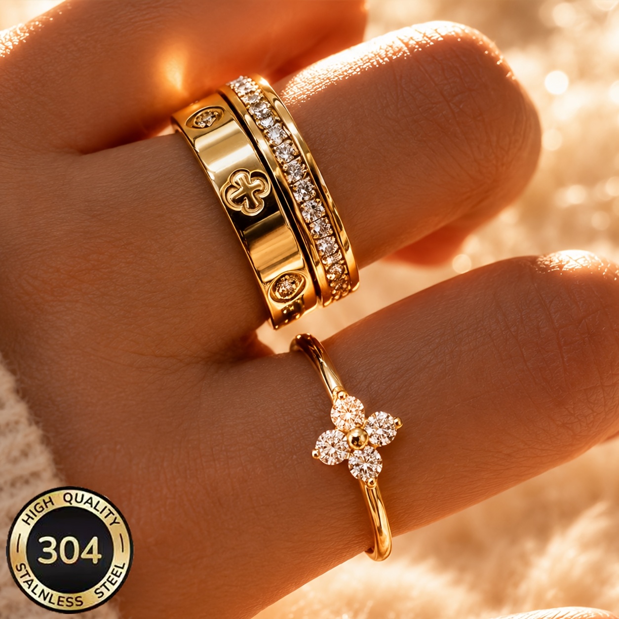 TEMU 3pcs 18k Golden Plated Women's Rings, 304 Stainless Steel Non-glossy Low-allergy Rings, Flower Cross Stackable Ring Set, For Daily Wear Gift