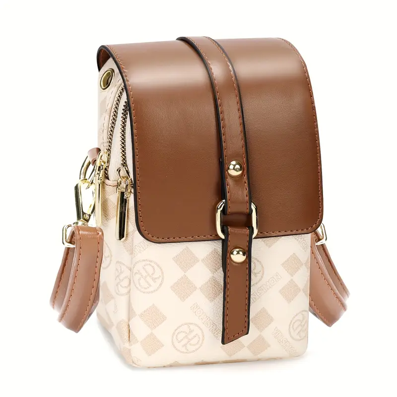2025 new womens multi layer lightweight crossbody bag large capacity coffee linen shoulder bag with zipper closure stylish checkered pattern hardware for travel work versatile travel accessory modern checkered design hardware Product details 6
